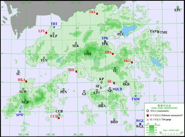報告內提及的測風站及潮汐測量站之分佈地點