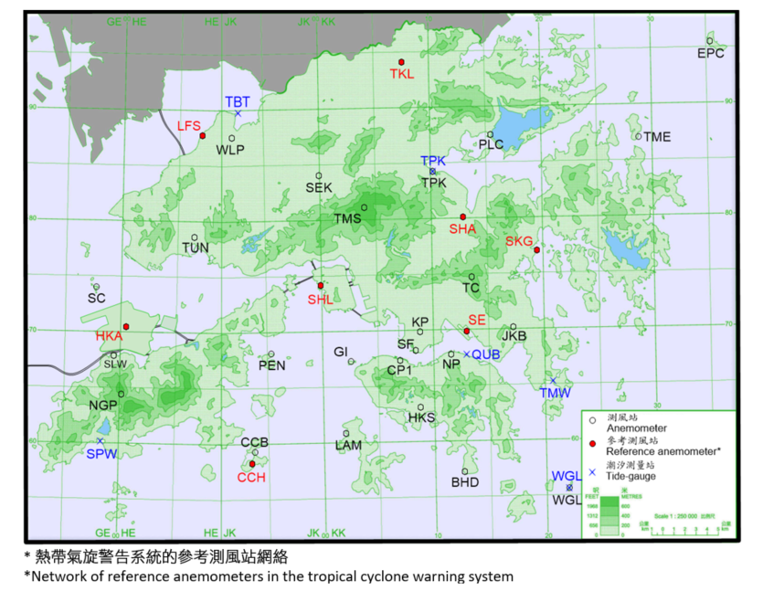 Locations of anemometers and tide gauge stations mentioned in this report