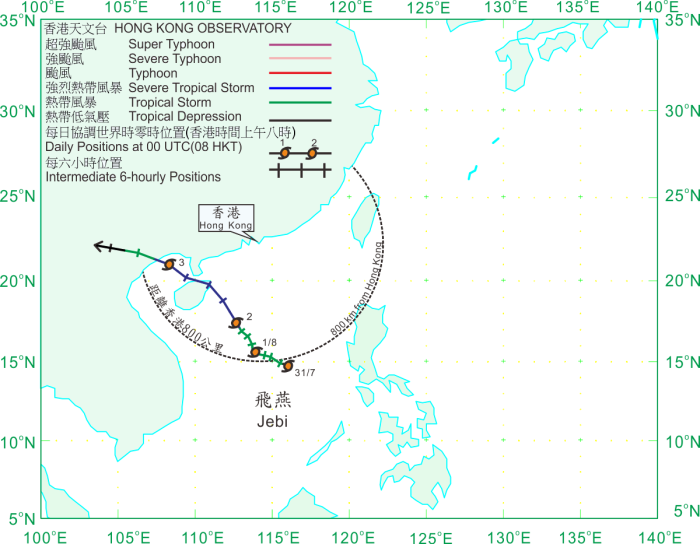 Track of Jebi (1309) on 31 July - 3 August 2013