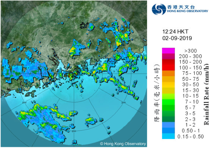 Image of radar echoes at 12:24 p.m. on 2 September 2019.  The rainbands associated with Kajiki were affecting the coast of Guangdong and the northern part of the South China Sea at that time.