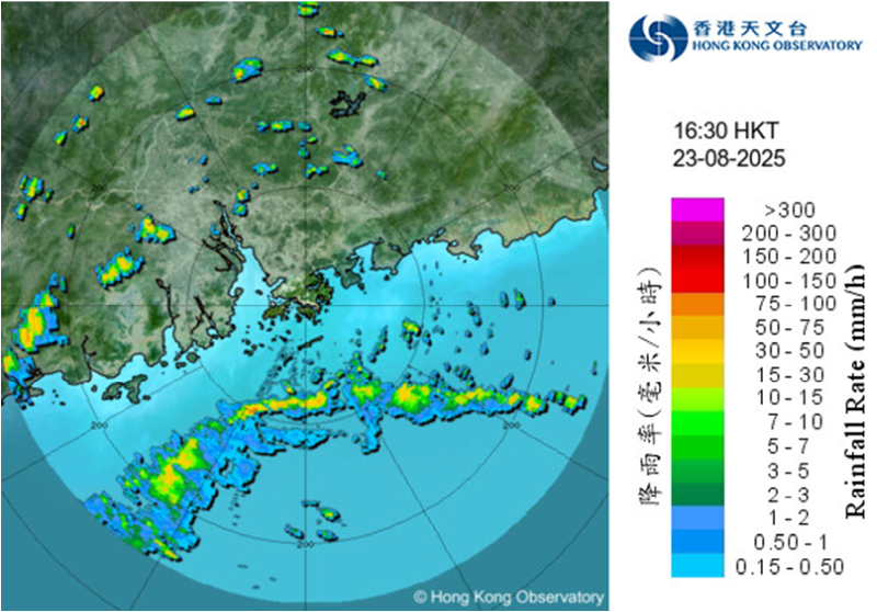 Radar echoes captured at 4:30 p.m. on 23 August 2025.