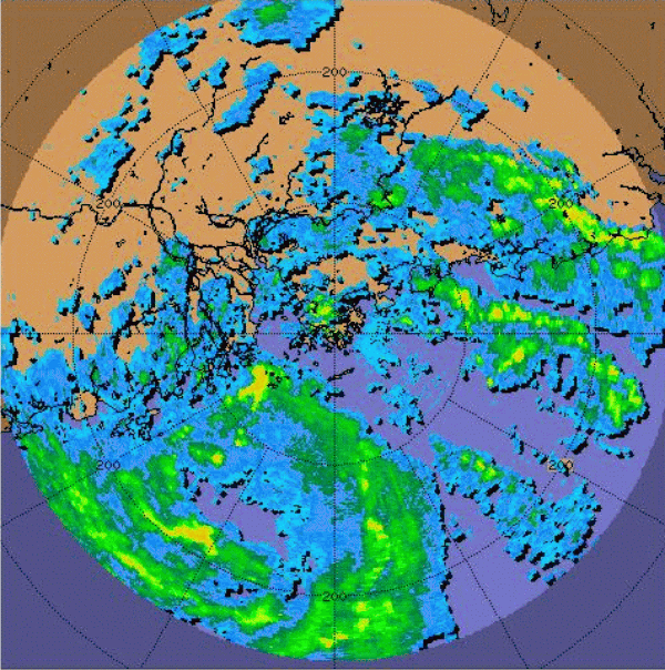 Radar echoes captured at 10 a.m. on 6 August 2008 of Severe Tropical Storm Kammuri