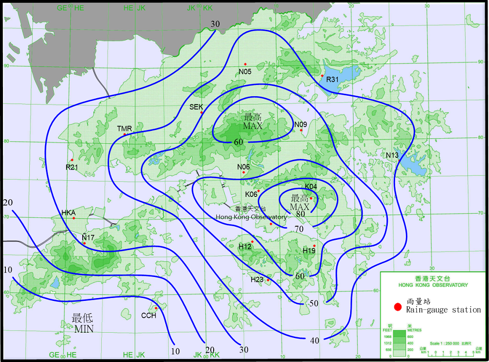 Rainfall distribution on 11 – 12 June 2021(isohyets in millimetres).