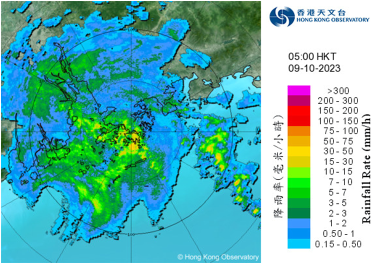 Image of radar echoes captured at 5:00 a.m. on 9 October 2023 when intense rainbands associated with Koinu was affecting Hong Kong.  The Black Rainstorm Warning was in force at that time.

