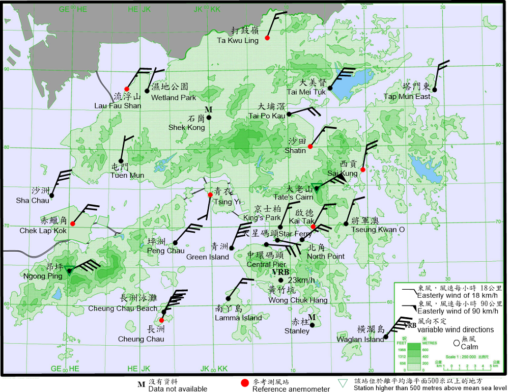 10-minute mean wind direction and speed recorded at various stations in Hong Kong at 4:20 a.m. on 13 October 2021.  At that time, winds at Tate’s Cairn reached hurricane force, while winds at Green Island, Ngong Ping, Waglan Island, Cheung Chau and Cheung Chau Beach reached gale force. 