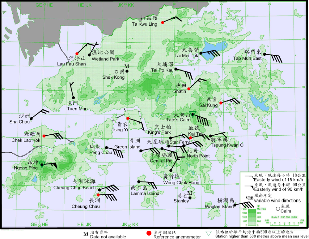 10-minute mean wind direction and speed recorded at various stations in Hong Kong at 11:00 a.m. on 13 October 2021.  At that time, winds at Ngong Ping and Tate’s Cairn reached storm force, while winds at Cheung Chau, Cheung Chau Beach, Peng Chau, Tap Mun East and Waglan Island reached gale force. 