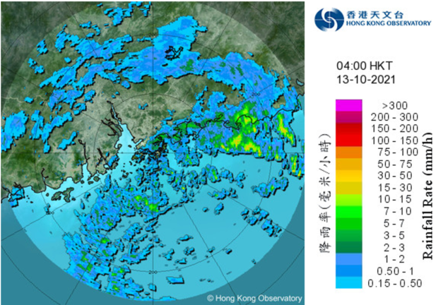 Radar echoes captured at 4 a.m. on 13 October 2021 when Kompasu was closest to Hong Kong, skirting past about 360 km south of the territory.  The rainbands associated with Kompasu were affecting the coast of Guangdong and the northern part of the South China Sea.