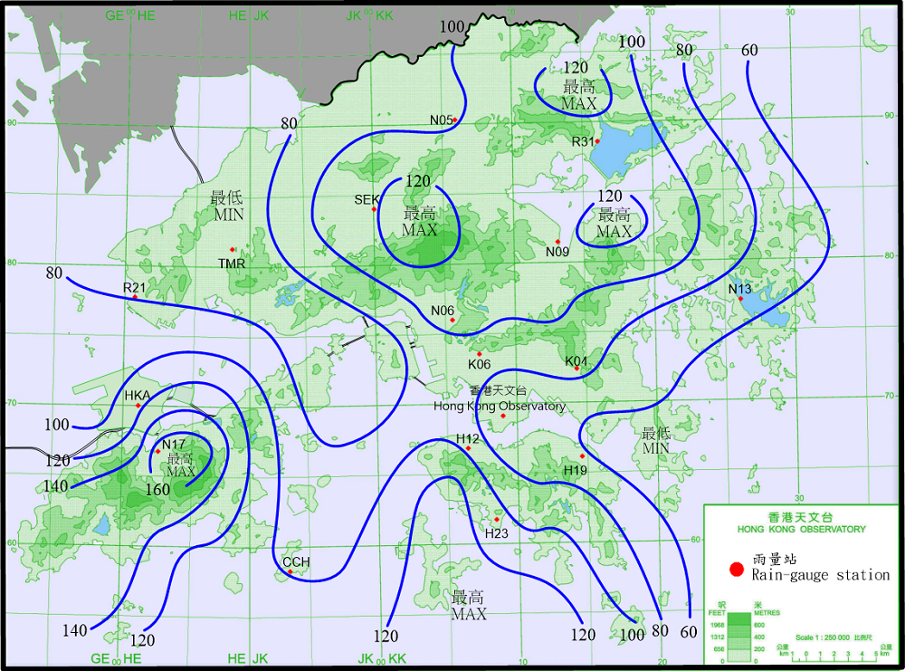 二零二一年十月十二日至十四日的雨量分佈(等雨量線單位為毫米)。