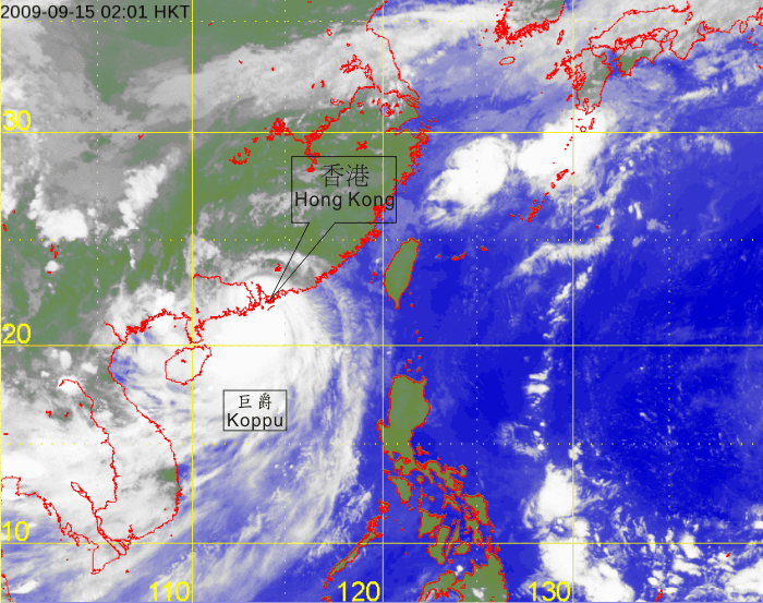 Infra-red satellite imagery at 2 a.m. on 15 September 2009 of Typhoon Koppu.