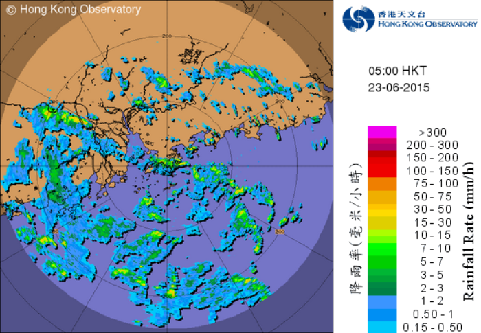Radar echoes captured at 5 a.m. on 23 June 2015. The outer rainbands of Kujira were affecting the territory.