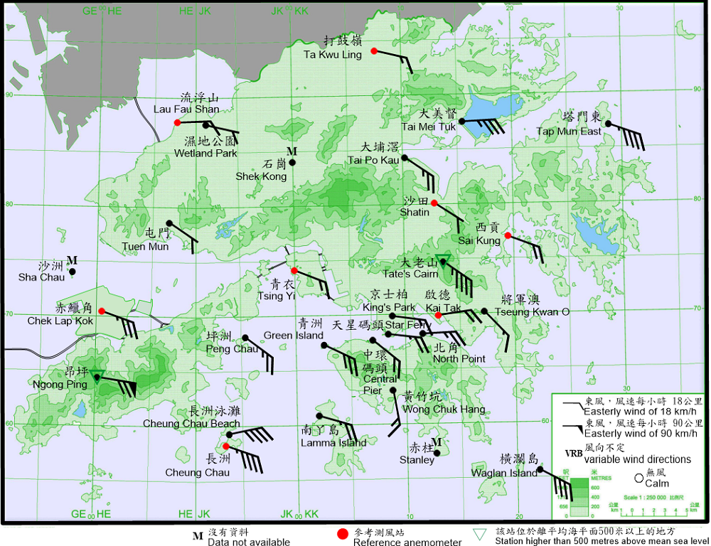 10-minute mean wind direction and speed recorded at various stations in Hong Kong at 3:40 p.m. on 9 October 2021.  At that time, winds at Ngong Ping reached hurricane force, while winds at Tap Mun East, Tate’s Cairn, Waglan Island, Cheung Chau and Cheung Chau Beach reached gale force.