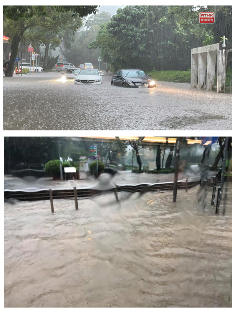 Serious flooding at Tai Hang Road (top) and Victoria Park (bottom) during the rainstorm on 8 October 2021 (Courtesy of Radio Television Hong Kong (top) and Cyril Tong (bottom))