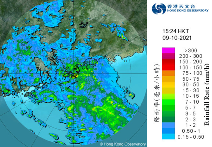 二零二一年十月九日下午3時24分的雷達回波圖像，與獅子山相關的雨帶持續影響香港。