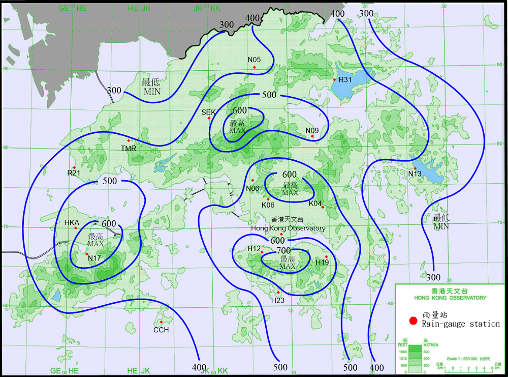 二零二一年十月七日至十日的雨量分佈(等雨量線單位為毫米)。