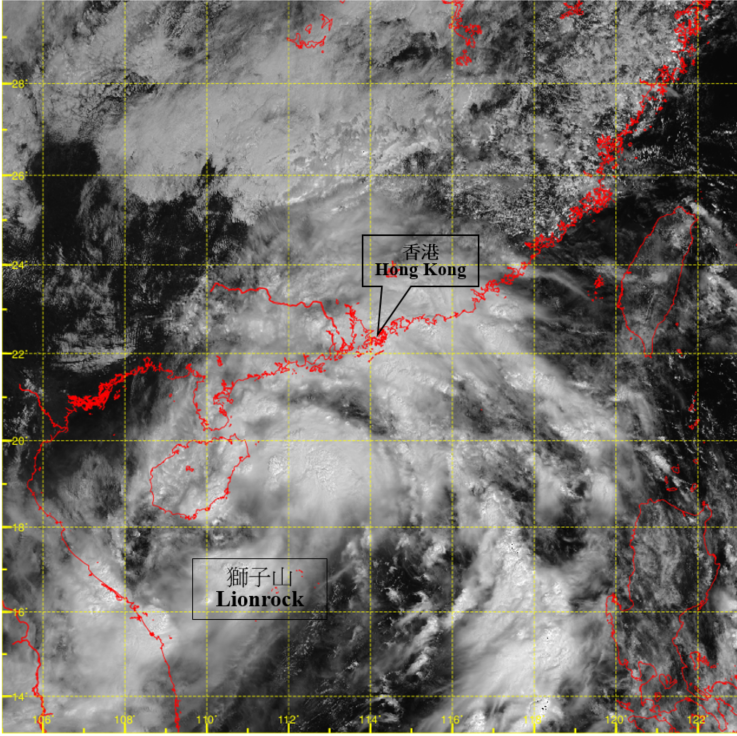 Visible satellite imagery around 11 a.m. on 8 October 2021 when Lionrock was at its peak intensity with estimated maximum sustained winds of 75 km/h near its centre.