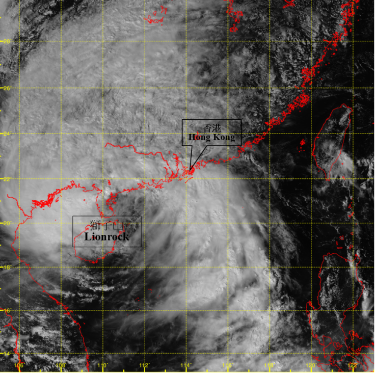 二零二一年十月九日下午2時左右的可見光衛星圖片，當時熱帶風暴獅子山正橫過海南島，而與獅子山相關的雨帶持續影響廣東沿岸地區。