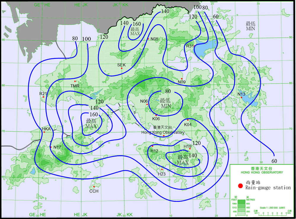 二零二一年八月二日至五日的雨量分佈 (等雨量線單位為毫米)。