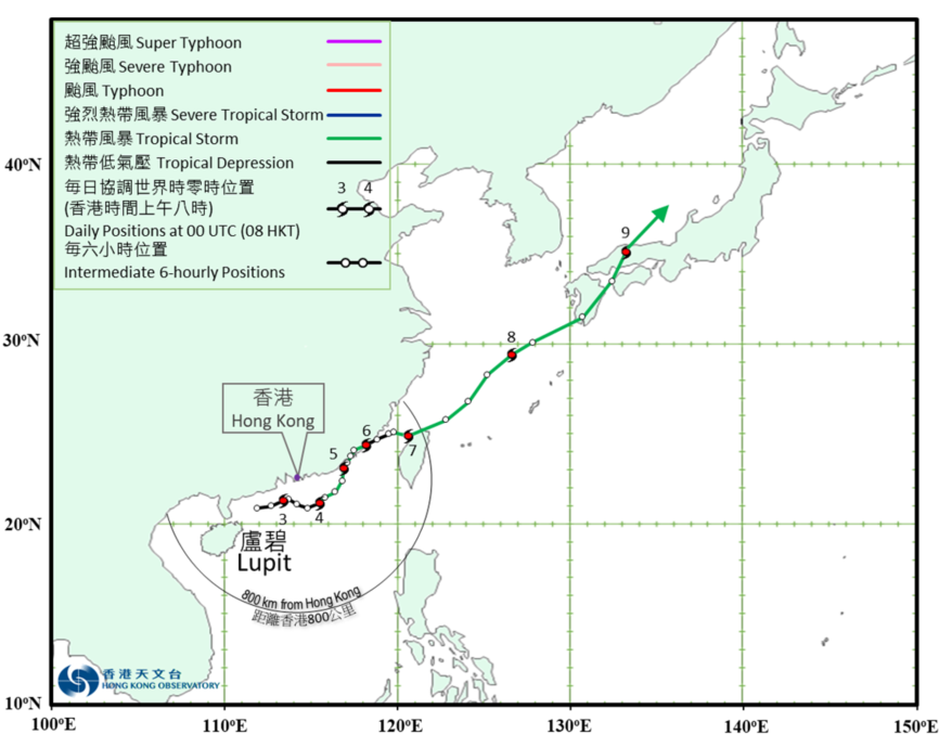 二零二一年八月二日至九日盧碧的暫定路徑圖。