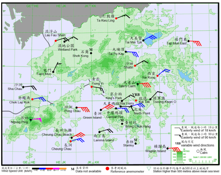 10-minute mean wind direction and speed recorded at various stations in Hong Kong at 10:30 p.m. on 24 August 2022.