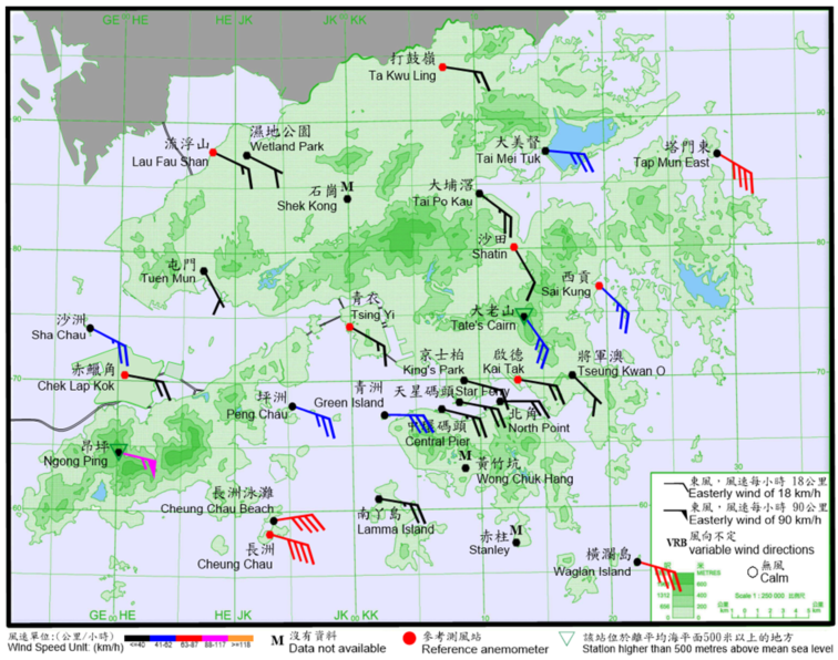 10-minute mean wind direction and speed recorded at various stations in Hong Kong at 2:30 a.m. on 25 August 2022.