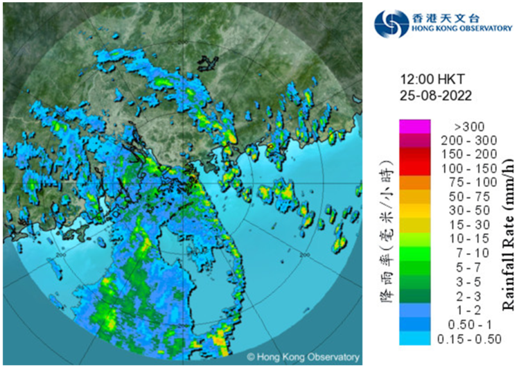 	Radar echoes captured at 12 noon on 25 August 2022.  The rainbands associated with Ma-on were affecting the coast of Guangdong and the northern part of the South China Sea.