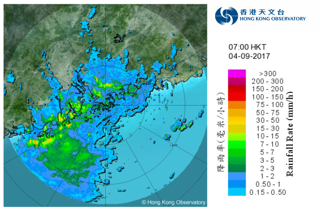Radar image at 7:00 a.m. on 4 September 2017 when Mawar was moving across inland Guangdong and its rainbands affecting Guangdong and the northern part of the South China Sea.