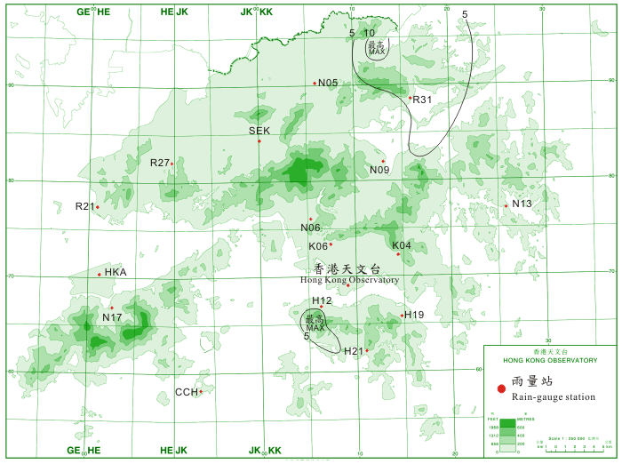 Rainfall distribution on 20 - 22 October 2010 (isohyets are in millimetres). 