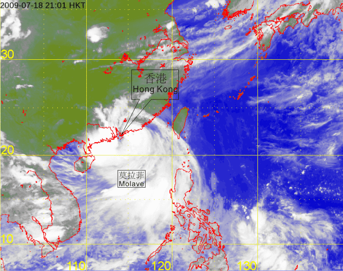 Infra-red satellite imagery at 9 p.m. on 18 July 2009 of Typhoon Molave