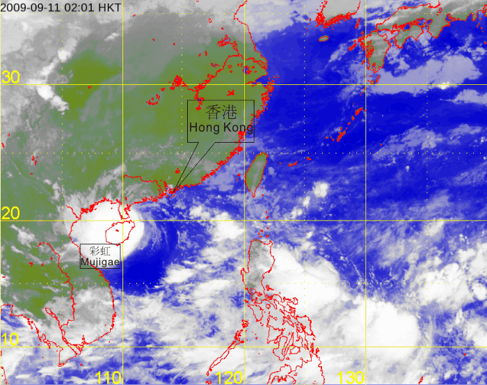 Infra-red satellite imagery at 2 a.m. on 11 September 2009 of Tropical Storm Mujigae