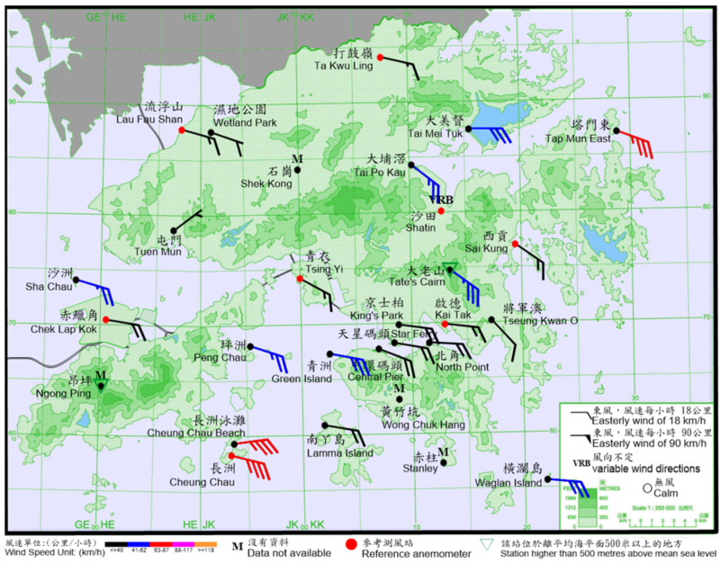 10-minute mean wind direction and speed recorded at various stations in Hong Kong at 2:40 a.m. on 10 August 2022. 