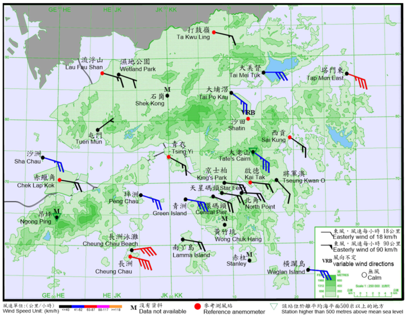 二零二二年八月十日上午2時40分香港各站錄得的十分鐘平均風向和風速。
