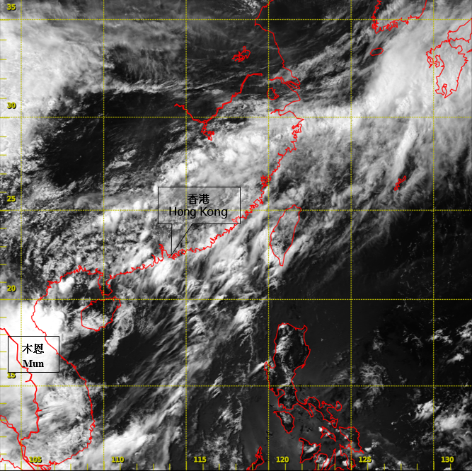 Visible satellite imagery around 2 p.m. on 3 July 2019, when Mun was at peak intensity with estimated maximum sustained winds of 55 km/h near its centre.