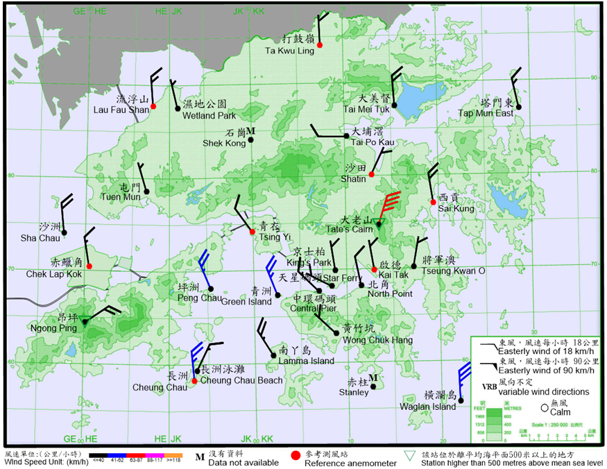 10-minute mean wind direction and speed recorded at various stations in Hong Kong at 6:30 p.m. on 2 November 2022.  Local winds were generally north to northwesterlies at that time.