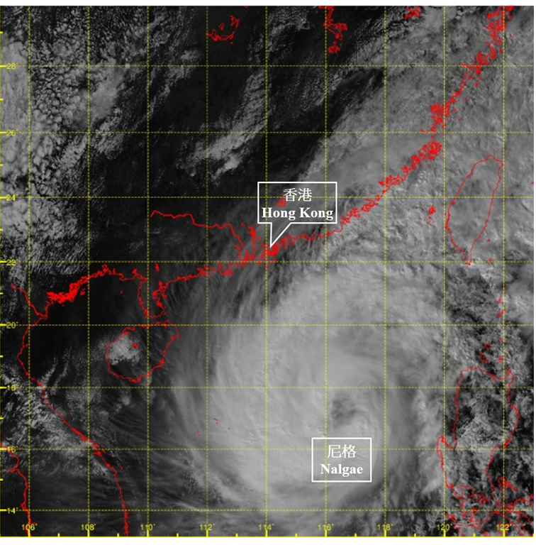 Visible satellite imagery at around 2 p.m. on 31 October 2022 when Nalgae was at its peak intensity with an estimated maximum sustained wind of 110 km/h near its centre.