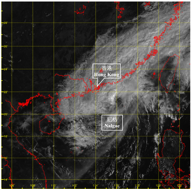 Visible satellite imagery at around 10 a.m. on 2 November 2022.  The convective clouds of Nalgae had weakened under the influence of the northeast monsoon.  However, dropsonde data showed that the wind speed near the sea surface was still up to 90 km/h near Nalgae’s centre at the time.