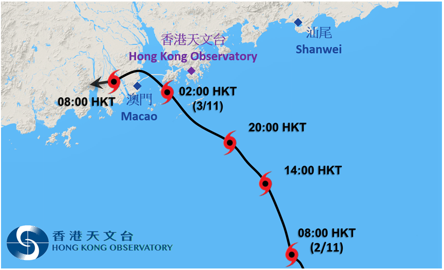 尼格(2222)接近香港時的暫定路徑圖。