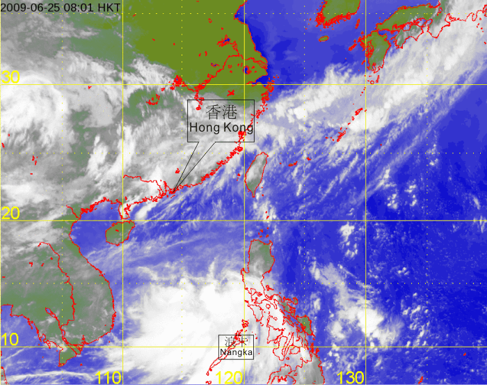 Infra-red satellite imagery at 8 a.m. on 25 June 2009 of Tropical Storm Nangka
