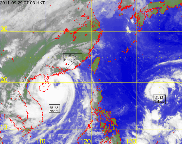 Infra-red satellite imagery at 7 a.m. on 29 September 2011 of Typhoon Nesat