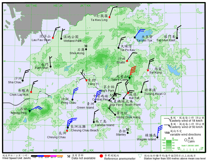 二零二二年十月十七日晚上8時00分香港各站錄得的十分鐘平均風向和風速。