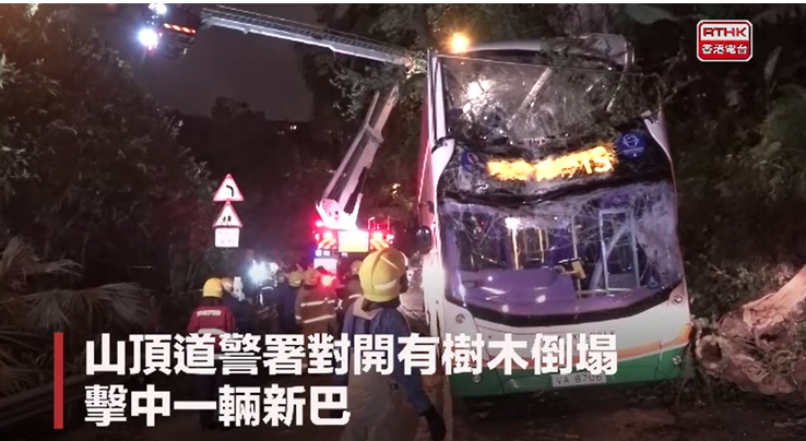 A bus travelling on the Peak was hit by a fallen tree (Courtesy of RTHK).