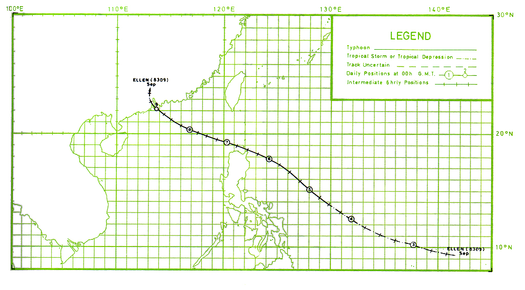 (II)Track of Typhoon Ellen (8309) : 29 August - 9 September.