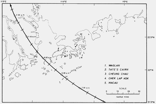 Trajectory of the centre of the eye of Typhoon Ellen near Hong Kong on 9 September 1983.