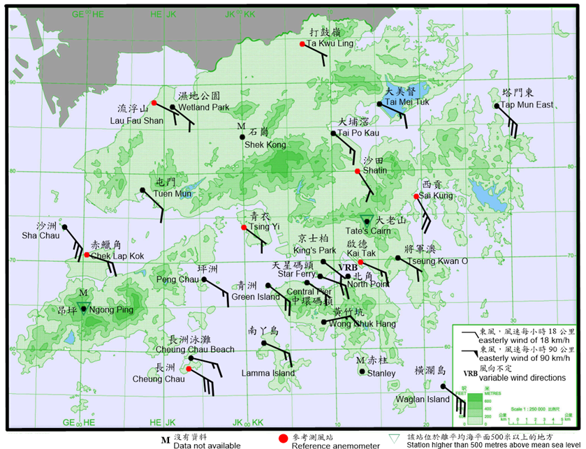 二零二零年六月十四日上午1時50分香港各站錄得的十分鐘平均風向和風速。當時西貢、長洲、沙洲、塔門東及橫瀾島的風力達到強風程度。