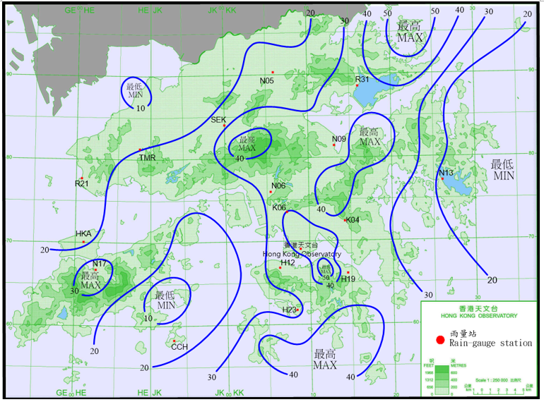 二零二零年六月十二日至十四日的雨量分佈(等雨量線單位為毫米)。