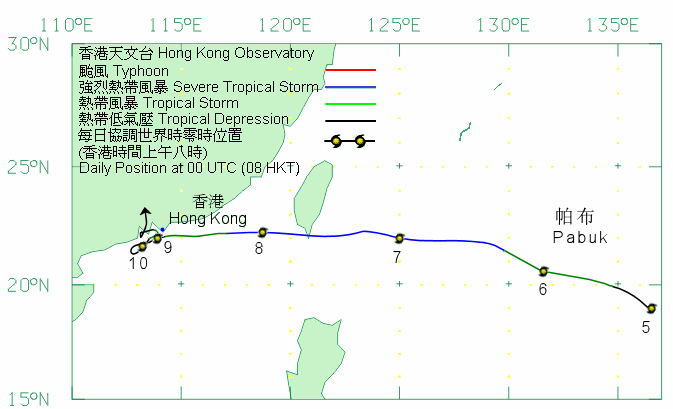 Track of Severe Tropical Storm Pabuk