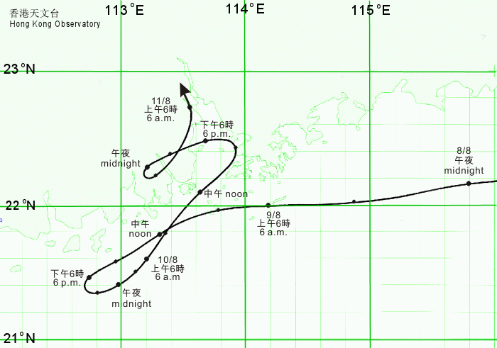 Track of Severe Tropical Storm Pabuk near Hong Kong