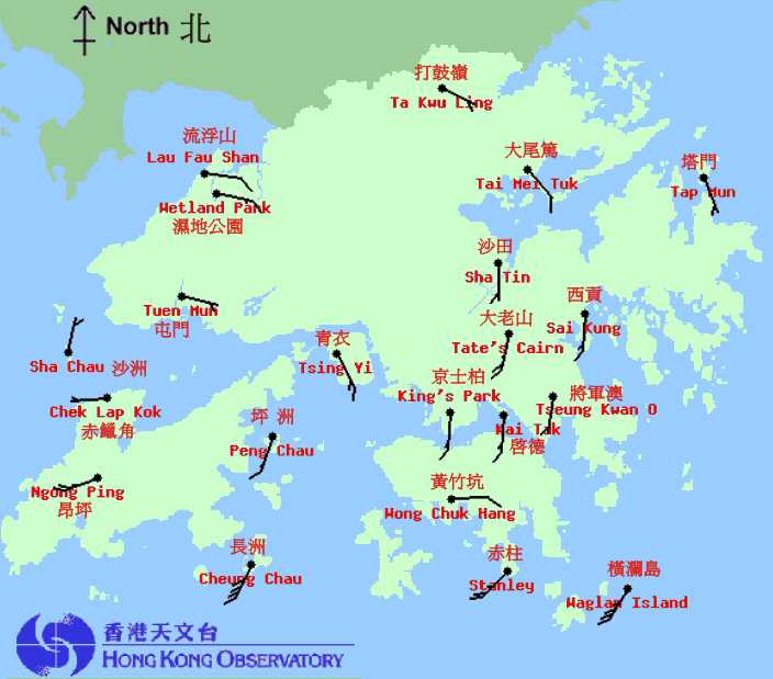 Wind distribution around Hong Kong as at 2 p.m. on 10 August 2007