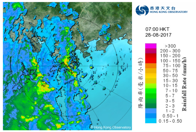 Image of radar echoes at 7 a.m. on 28 August 2017. Pakhar had already weakened into an area of low pressure but the rainbands associated with its remnant were bringing rainstorms to Hong Kong.