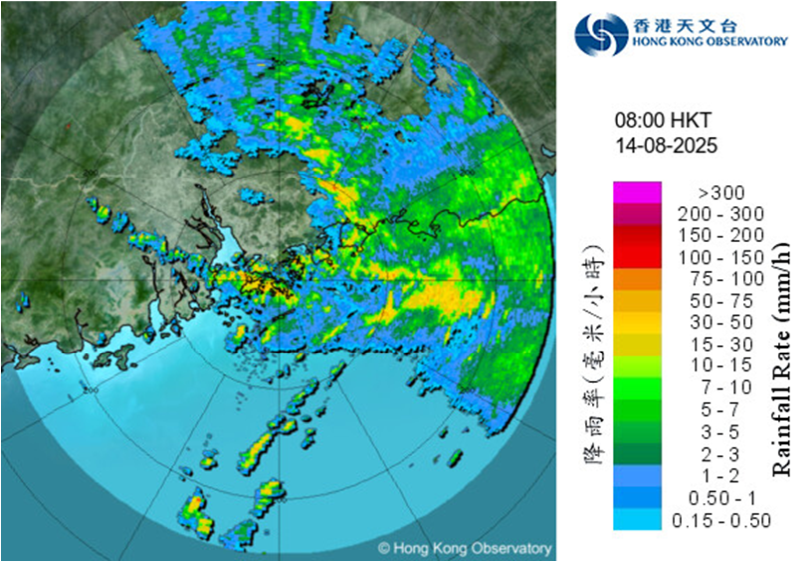 Radar echoes captured at 8:00 a.m. on 14 August 2025.