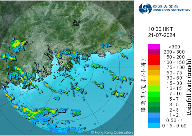 Radar echoes captured at 10:00 a.m. on 21 July 2024.  The outer rainbands associated with Prapiroon were affecting the coast of Guangdong and the northern part of the South China Sea.